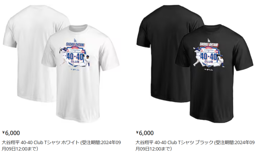 大谷翔平 40-40Culb Tシャツ白・黒の写真